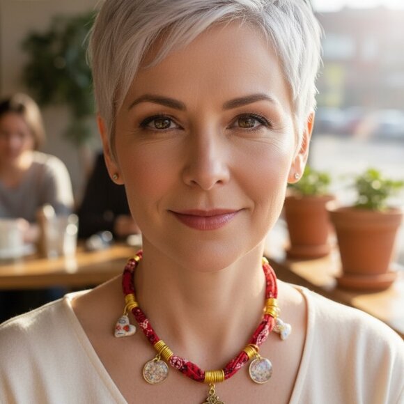 “Key to Her Story” Necklace Handcrafted red bandana necklace with golden charms - Picture 1 of 2